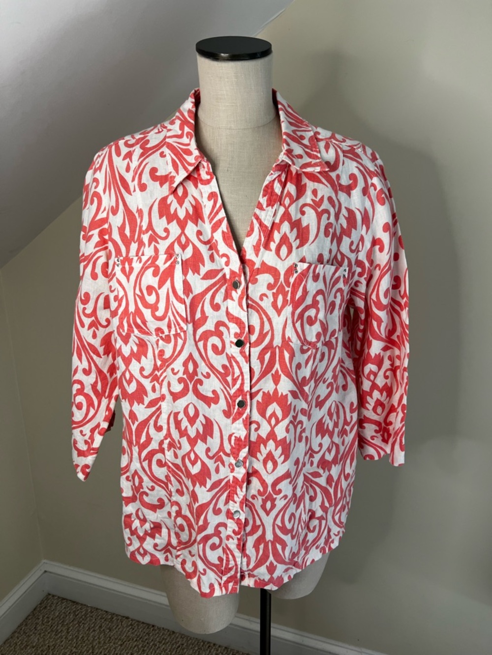 JM Collection 100% Linen Coral and White Printed Button Up Blouse
